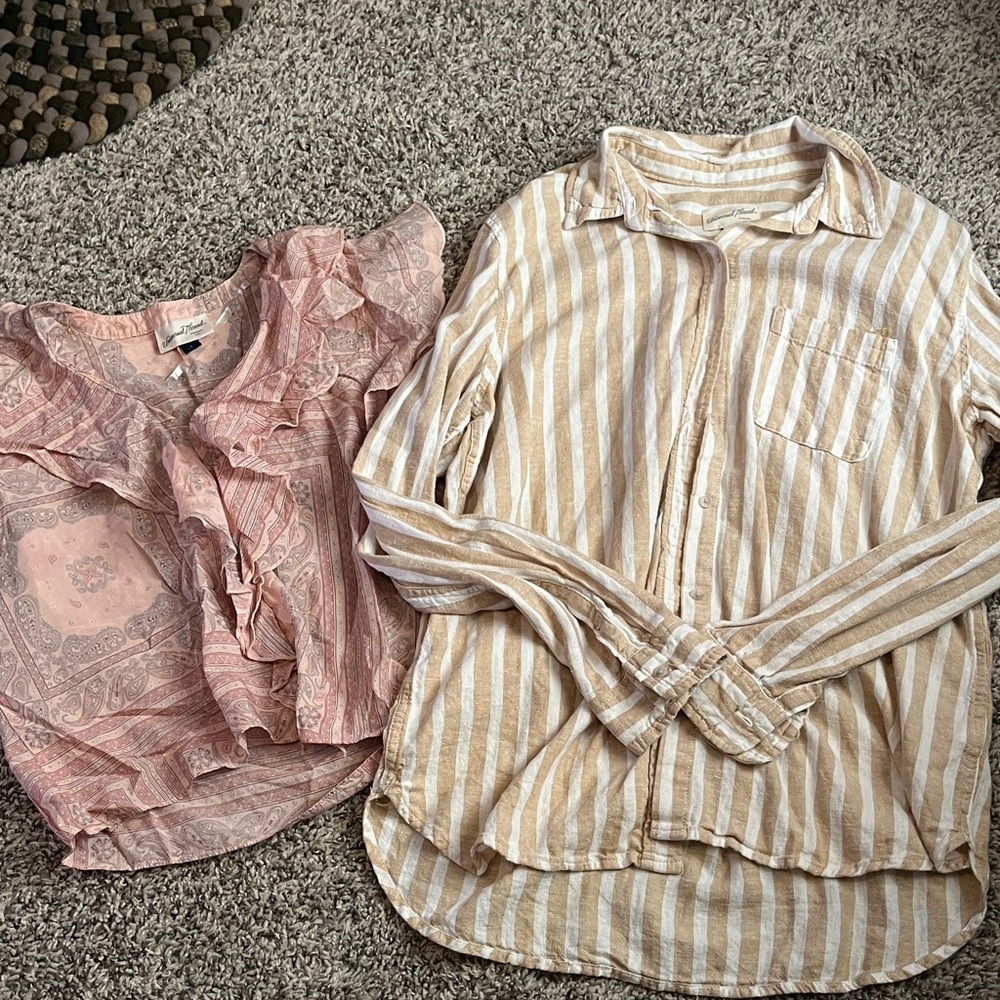 Striped Tan & White Button-Up Shirt and Dusty Pink Paisley Ruffle Top Bundle